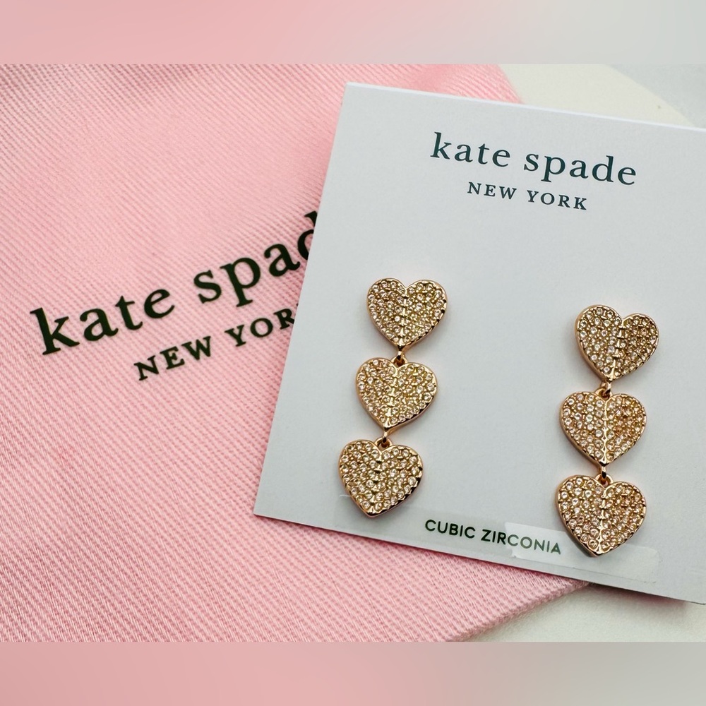 KATE SPADE 🩷 Heart to Heart Pave Triple Drop Earrings Rose Gold NWT